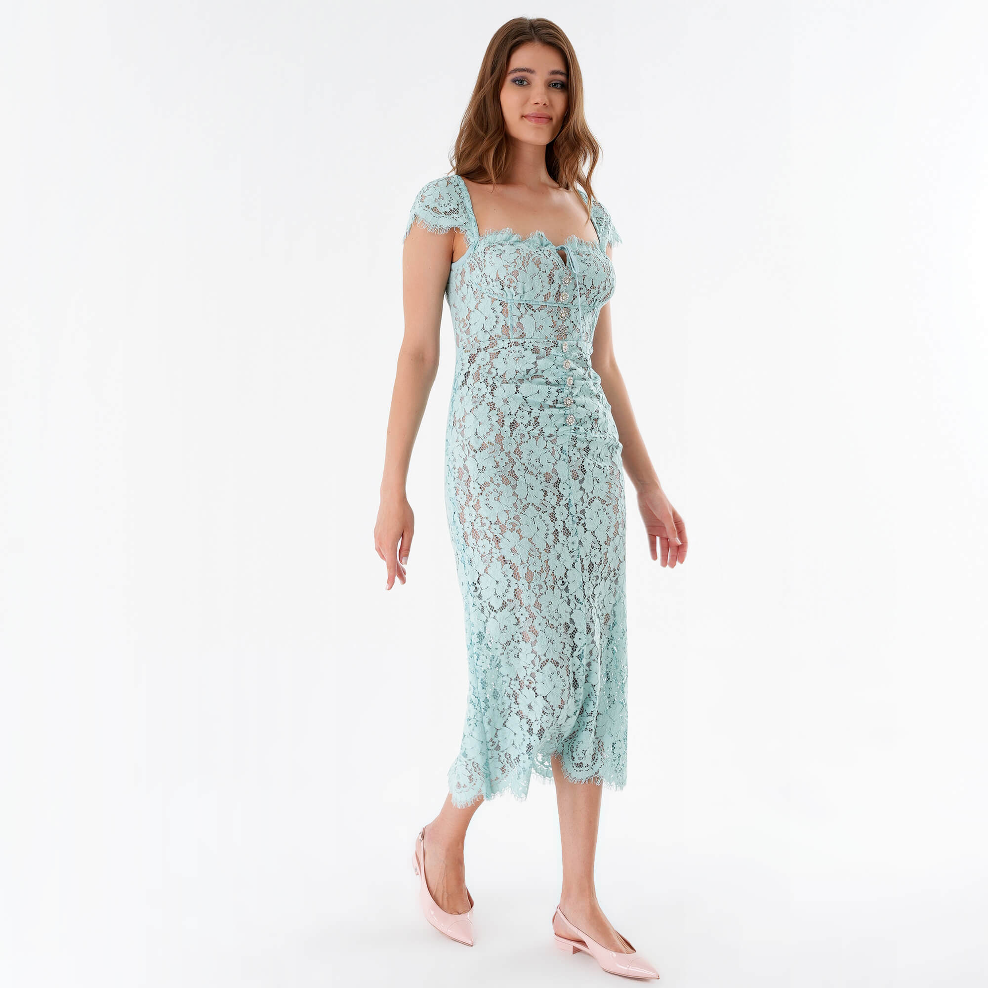 Self Portrait - Baby Blue Embellished Lace Midi Dress UK12Us8